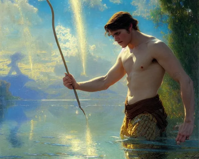 Image similar to attractive male wizard casting powerful water spell in a beautiful lake. highly detailed painting by gaston bussiere, craig mullins, j. c. leyendecker 8 k