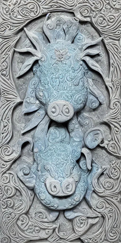 Image similar to intricate colourfully painted carved Soapstone relief paneling, white and pale blue , celestial, pig, piglet, piggy, pig goddess, mother earth, Earth Goddess mythology, Gaia, angels, divinity, Ghostly, crystaline celtic, insanly detailed , artstation, wallpaper, hyper realistic, realistic lighting