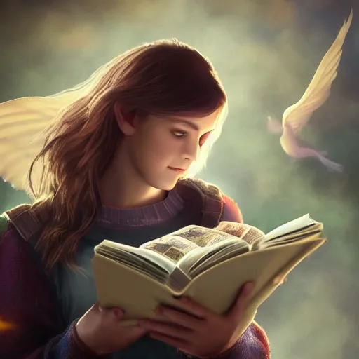 Image similar to a girl reading a magic book, magical creatures flying from the book, cinematic lightning, trending on artstation, 4k, hyperrealistic, focused, extreme details, masterpiece, unreal engine 5