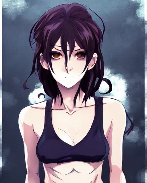 Prompt: style of madhouse studio anime, rei hiroe, loish, artgerm, joshua middleton, portrait of revy from black lagoon, symmetrical eyes and symmetrical face, jean shorts, white tank top, waist up, smirk on face, evening, natural lighting