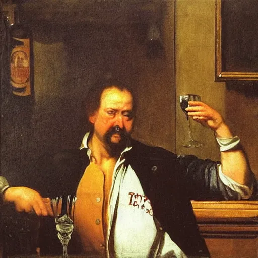 Prompt: painting of Bully from bullseye sitting at the bar of an English pub with a half drunk pint of ale. He looks sad and dejected by carravagio, goya, titian dramatic light