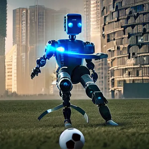 Image similar to a cyberpunk robot playing soccer in a real soccer terrain, national geographic photography, 3 d, make it look like it was made by dall - e 2