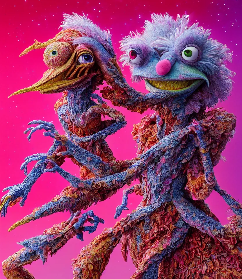 Image similar to hyper detailed 3d render like a Oil painting - kawaii portrait of sisters Aurora (a beautiful girl skeksis muppet fae princess protective playful expressive acrobatic from dark crystal that looks like Anya Taylor-Joy) seen red carpet photoshoot in UVIVF posing in scaly dress to Eat of the Strangling network of yellowcake aerochrome and milky Fruit and His delicate Hands hold of gossamer polyp blossoms bring iridescent fungal flowers whose spores black the foolish stars by Jacek Yerka, Ilya Kuvshinov, Mariusz Lewandowski, Houdini algorithmic generative render, golen ratio, Abstract brush strokes, Masterpiece, Edward Hopper and James Gilleard, Zdzislaw Beksinski, Mark Ryden, Wolfgang Lettl, hints of Yayoi Kasuma and Dr. Seuss, Grant Wood, octane render, 8k