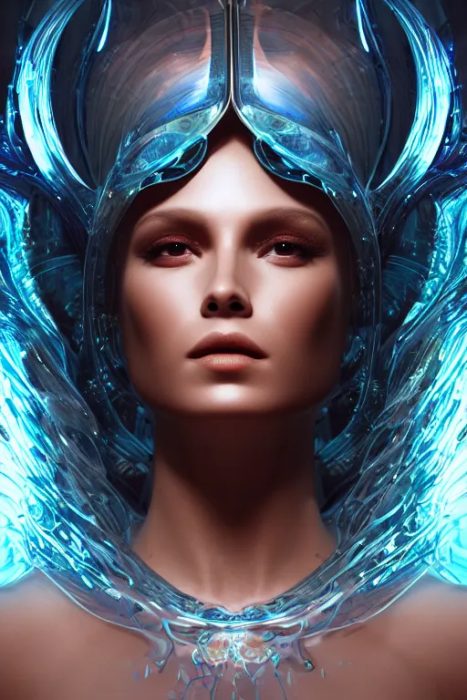 Image similar to a profile photo real render of an alluring futuristic goddess with digital modifications surrounded by a underwater ink pour and flowing liquid gallium and complex sacred geometry, perfect body and face, powerful, cinematic, beautifully lit, by artgerm, by karol bak, 3 d, trending on artstation, octane render, 8 k
