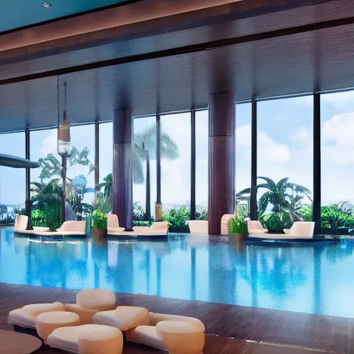 Prompt: realistic luxury hotel lobby interior in miami with pools in the background, 4 k, v - ray, detailed