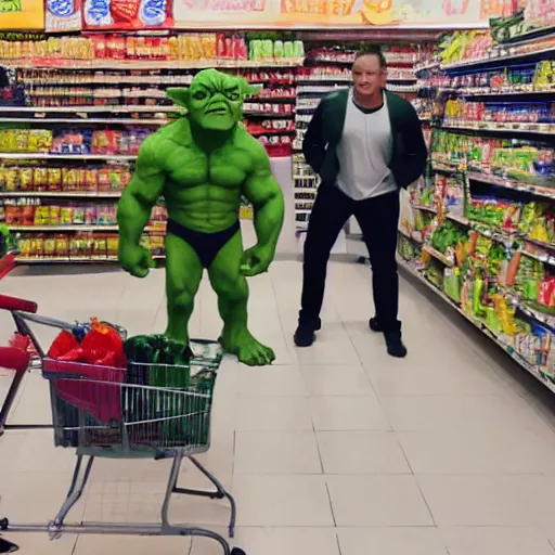 Prompt: a mix between Hulk and Yoda and Dobby and gollum buying groceries in a seven eleven, center frame medium shot, shot on technicolor cinemascope 35mm anamorphic lense, flare