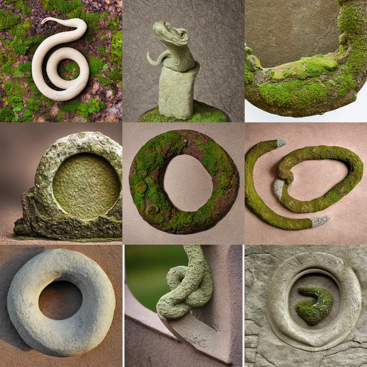 Prompt: statue of ouroboros, sandstone, a little mossy, studio photography