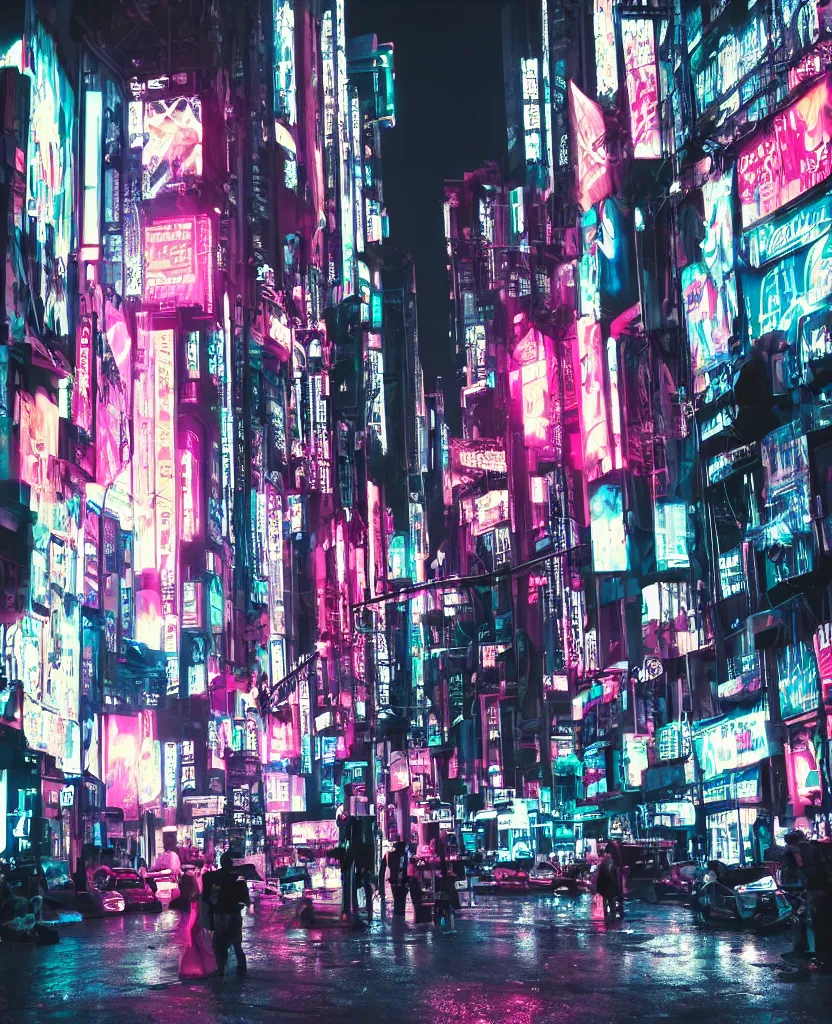 Image similar to cyberpunk city at night, night clubs and neons, rain, camera high, girl under lantern