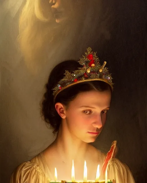 Image similar to a shadowy portrait painting of a shy, blushing 1 6 - year old alicia vikander or millie bobby brown as santa lucia with a crown of candles, lit only by candlelight in the darkness, intricate, elegant, highly detailed, artstation, concept art, by krenz cushart and donato giancola and william adolph bouguereau and alphonse mucha