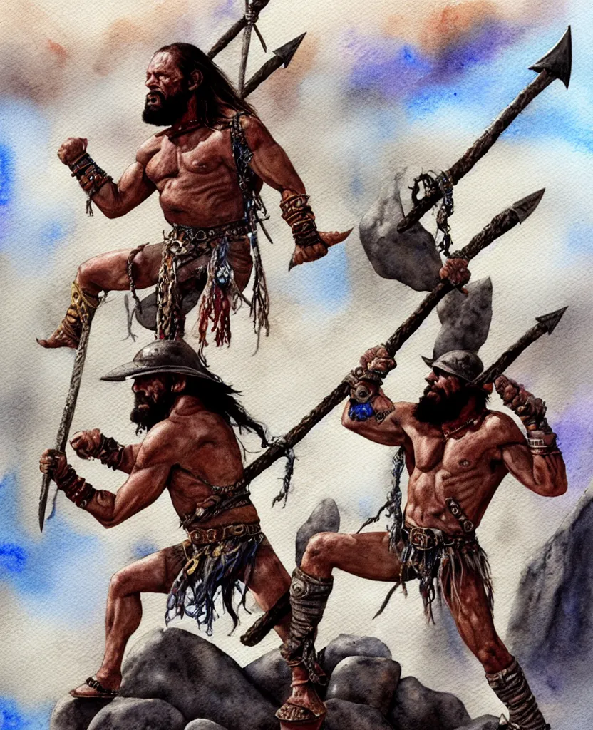 Prompt: randy savage with an anchor weapon slung over his shoulder and foot heroically on a boulder posing in desolate wasteland | fantasy watercolour painting | middle earth | conan | darksun | d & d dungeons and dragons | barbarian