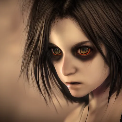 Image similar to photorealistic full shot portrait of angry darkness anime girl, electric aura, ( ( beautifull eyes ) ) inspired by tim burton, detailed, unreal engine 4 k, volumetric light, fog