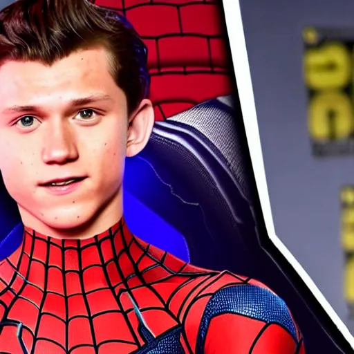 Prompt: tom holland plays video game spider man on his couch