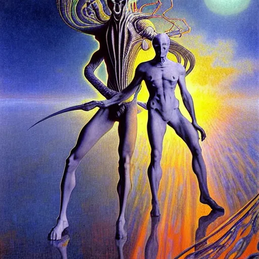 Image similar to realistic extremely detailed portrait painting of a glowing male silhouette, futuristic sci-fi landscape on background by Jean Delville, Amano, Yves Tanguy, Alphonse Mucha, Ernst Haeckel, Edward Robert Hughes, Roger Dean, rich moody colours, blue eyes