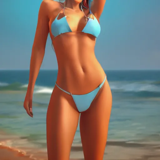 Image similar to a beautiful photo of a beautiful woman wearing a bikini, Trending on artstation