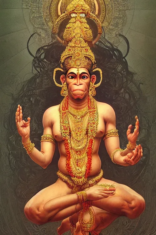 Prompt: a full body portrait of a beautiful ornated hanuman god, meditative sacral pose, hindu stages of meditation, intricate, elegant, highly detailed, line art!!!!, artstation, concept art, smooth, sharp focus, illustration, art by krenz cushart and artem demura and alphonse mucha