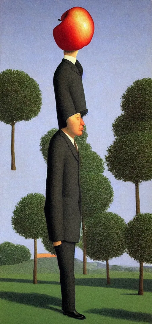 Prompt: Philosopher with apple head walking in the park on an Autumn night by Rene Magritte. Long surreal shadows. Blue.