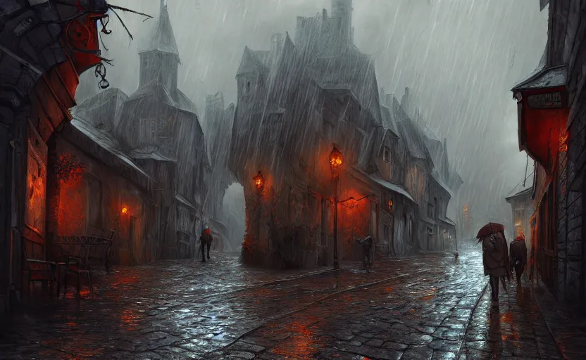 Prompt: extreme long shot concept art depicted rainy old french village, high details, dramatic mood, deep environment, art by legends of runeterra and tomasz jedruszek and gabor szikszai, trending on artstation, unreal engine, 8 k, 4 k