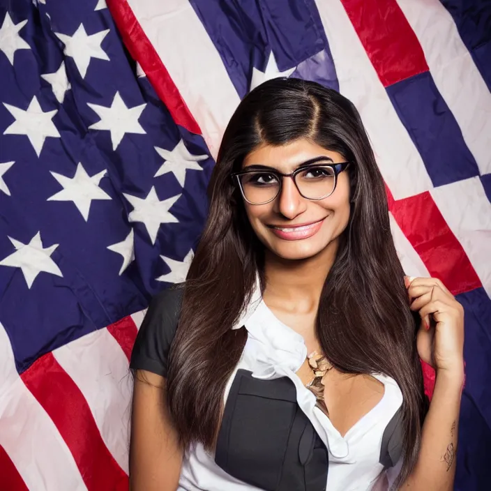 Image similar to portrait of Mia Khalifa as the President of United States, by Charlotte Grimm, natural light, detailed face, CANON Eos C300, ƒ1.8, 35mm, 8K, medium-format print