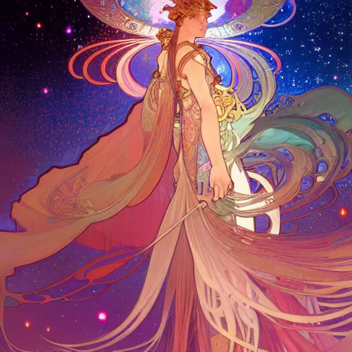 Prompt: a beautiful highly detailed digital art of colorful castle nebulas by alphonse mucha, moebius, krenz cushart, stars in the background, highly detailed, intricate design, cinematic view, 8 k resolution, trending on artstation