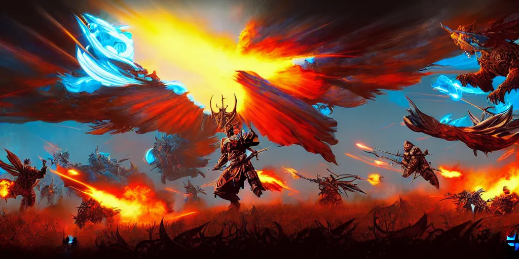 Prompt: guild wars 2, cinematic battlefield, god rays, digital art, high detail by tristan eaton, dan mumford