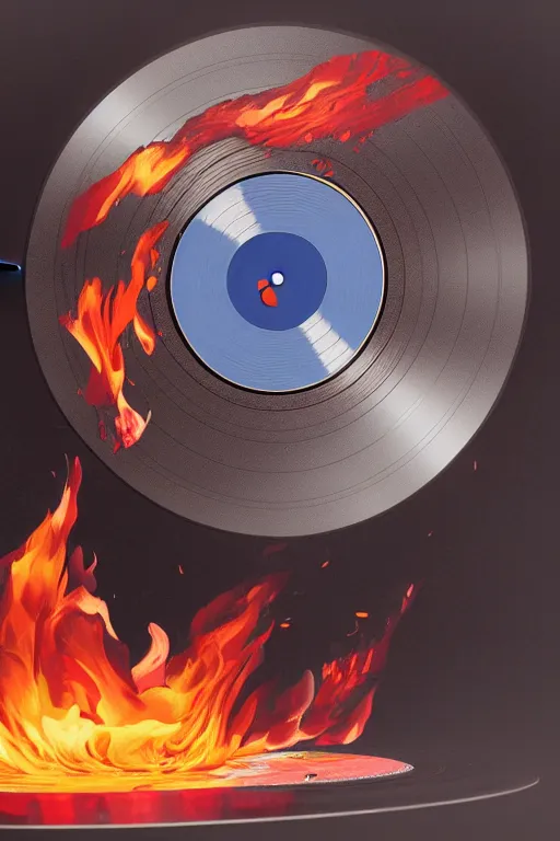 Prompt: vinyl record burning and floating in the space, record label is written on the disk as katua,, realistic, highly detailed, digital painting, artstation,, matte, sharp focus, highly detailed, digital painting, artstation, concept art, smooth, sharp focus, illustration, 8 k