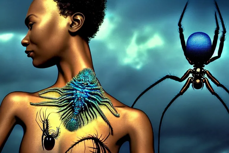 Image similar to realistic detailed photorealistic film portrait shot of a beautiful black woman with a giant spider, sci-fi city landscape background by Denis Villeneuve, Amano, Yves Tanguy, Alphonse Mucha, Ernst Haeckel, Max Ernst, Andrei Tarkovsky, Edward Robert Hughes, Roger Dean, necklace, dynamic pose, rich moody colours, wide angle, blue eyes