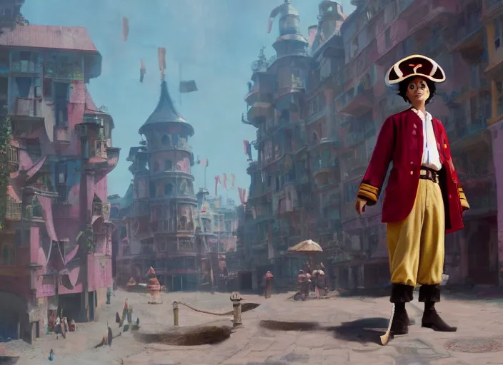 Image similar to a film still of cosplay of luffy the pirate in the grand budapest hotel ( 2 0 1 4 ), artwork by craig mullins, octane, unreal, trending on art station