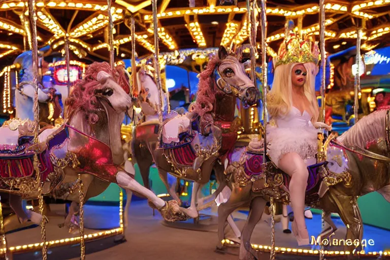 Prompt: professional photo drag queens riding carousel, accurate faces, las vegas show