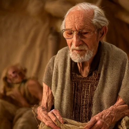 Prompt: cinematic film still of 80 year old man in ancient Canaanite clothing building Noah's Ark, directed by Steven Spielberg