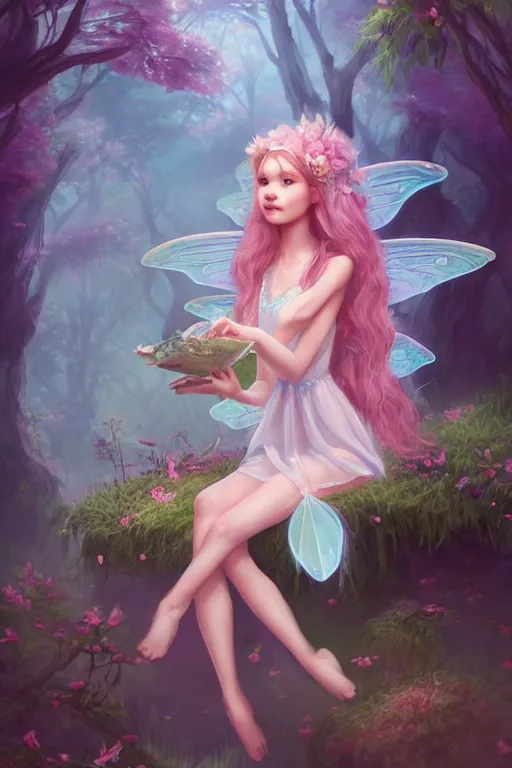 Image similar to a cute and geogerous fairy in the dreamy forest, fantasy, dreamlike, 8 k resolution, hyper detailed, d & d, character design, digital painting, trending on artstation, sharp focus, illustration, art by viktoria gavrilenko, hoang lap, fuji choko, steve zheng,