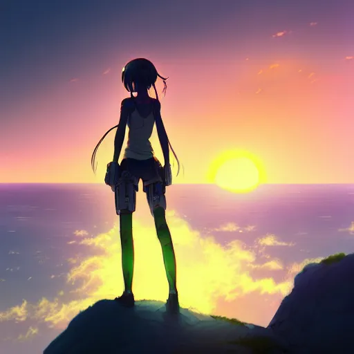 Image similar to A cyborg girl standing on the hill looking at the sea with a sunset in style of Makoto Shinkai and Cyberpunk. ArtStation, 8K, Highly Detailed, Intricate, Album Art.