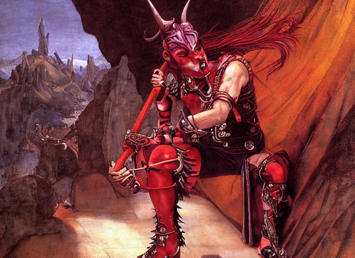 Image similar to a tiefling with brilliant red skin and horns, wearing purple. leather and spiked boots. guitar. heavy metal. edgar maxence and caravaggio and michael whelan and delacroix style, artistic, intricate painting, cinematic lighting, hyper realistic, extremely detailed, vivid colors, establishing shot, dramatic lighting