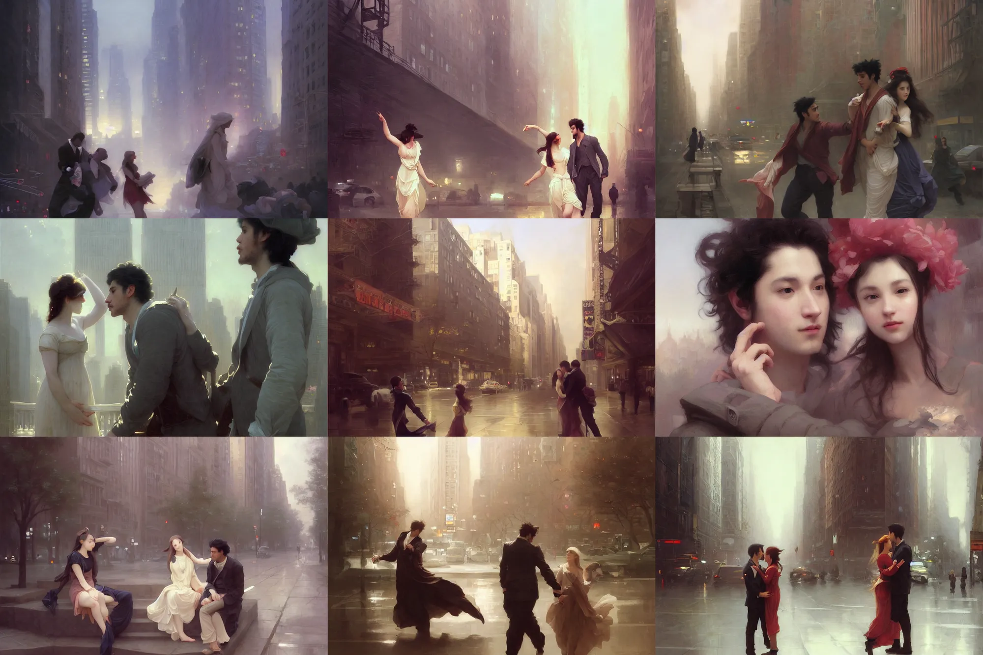 Prompt: Romantic depiction of Classically good-looking man and Cute girl Exploring New York City illustration by Ruan Jia and Mandy Jurgens and William-Adolphe Bouguereau, Artgerm, 4k, digital art, surreal, space dandy style, highly detailed, godsend, artstation, digital painting, concept art, smooth, sharp focus, illustration by Ruan Jia and Mandy Jurgens and William-Adolphe Bouguereau