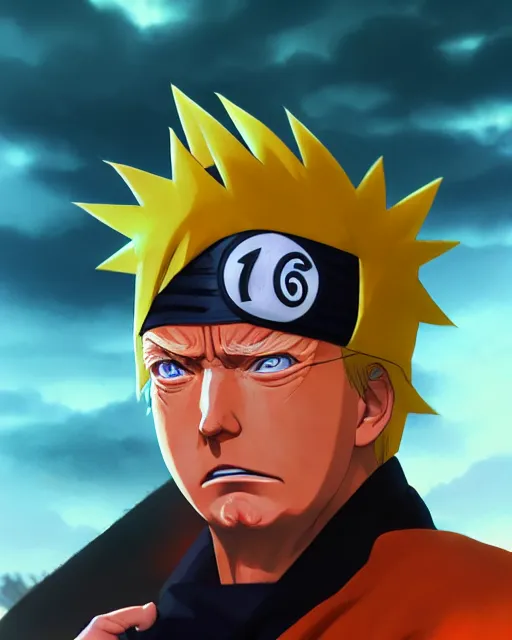 Image similar to donald trump in naruto as a hidden leaf village ninja, medium shot close up, details, sharp focus, illustration, by jordan grimmer and greg rutkowski, trending artstation, pixiv, digital art