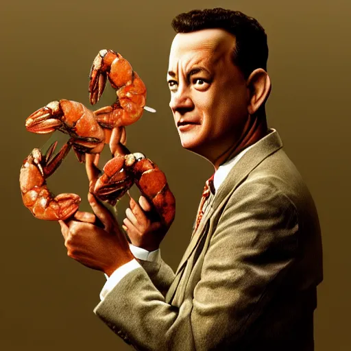 Image similar to tom hanks as forrest gump with giant shrimp heads instead of hands, photorealistic, cgsociety, artstation