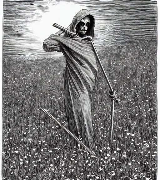 Image similar to grim reaper in beautiful meadow of flowers, pencil illustration by gustave dore, highly detailed, centered, high resolution, smooth, sharp focus, illustration