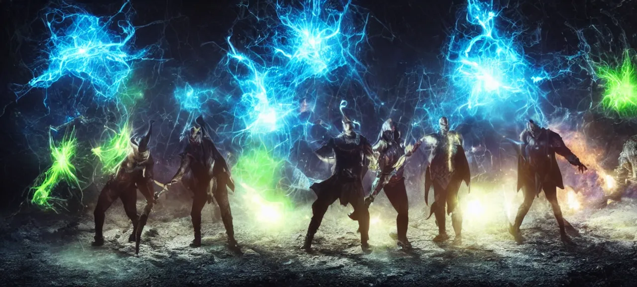 Prompt: Realistic Photo of Six wizards standing in dark cave and shoot fireballs from their magic staffs at DC comic character Black Adam, dark ancient atmosphere, full of glowing particles floating randomly from ground, dramatic lighting, fluid colorful particles rising from ground, realism of movie with fine details