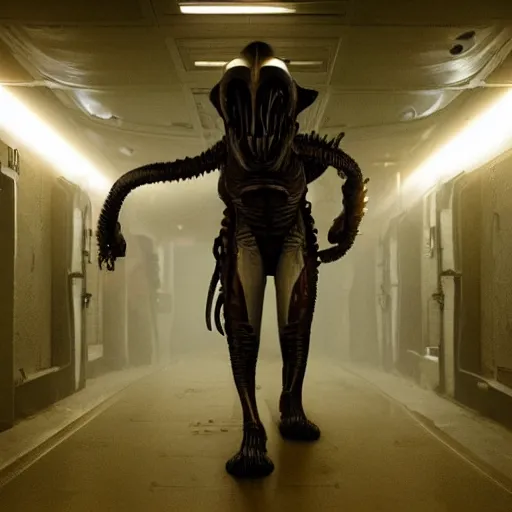 Image similar to xenomorph walking through a tight corridor in the movie alien, exposed tubes, mysterious atmospheric lighting, matte painting, intricate, iridescent, volumetric lighting, beautiful, rich deep colours masterpiece, fog golden hour, golden ratio, sharp focus, ultra detailed, by leesha hannigan, ross tran, thierry doizon, kai carpenter, ignacio fernandez rios