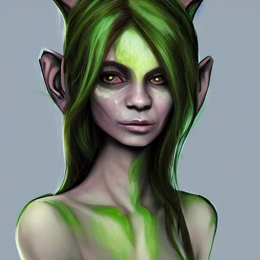 Prompt: illustration of a beautiful goblin girl, green skin, digital concept art