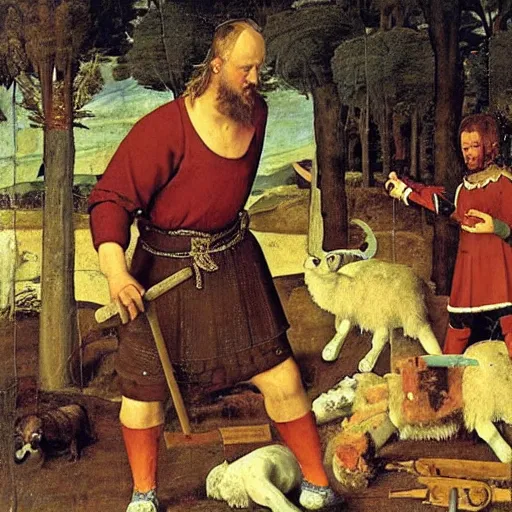 Image similar to ragnar lothrbok cutting off head of lamb at the pet n play zone in zoo with children crying around him while he laughs with beer and bloody axe in hand renaissance painting