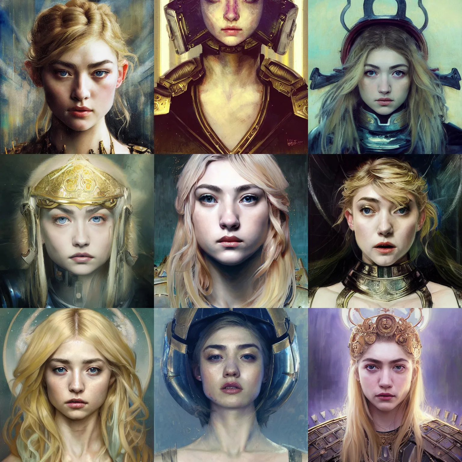 Prompt: masterpiece head-on symmetrical centered painted portrait, Imogen Poots as a holy warrior, blonde hair, holy light halo, glorious, wearing full metal armour, elegant, in the style of Guy Denning and Jeremy Mann and Ruan Jia and Artgerm and Edgar Maxence and Ross Tran and Alphonse Mucha and Ayami Kojima and Charlie Bowater and Karol Bak and Jean Delville, Art Nouveau, Pre-Raphaelite, Neo-Gothic, gothic, Art Nouveau, rich deep moody colors