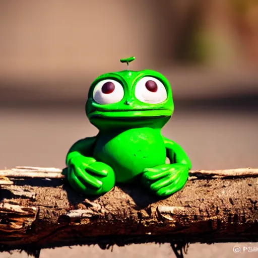 Image similar to baby pepe the frog wearing a very very small sombrero, sitting on a log, pixar, disney, dynamic lighting, bokeh