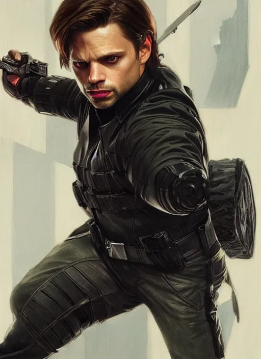 Prompt: sebastian stan as the winter soldier, painting by artgerm and greg rutkowski and alphonse mucha