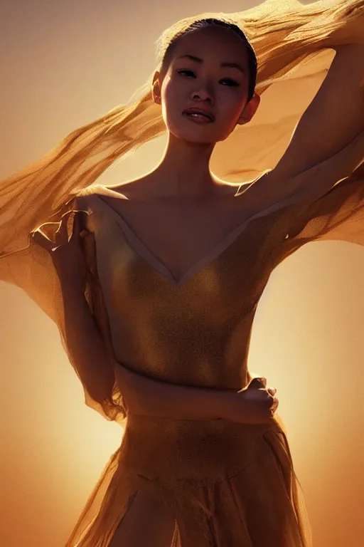 Image similar to stunningly beautiful, filipina prima ballerina in desert, symmetrical face, golden hour, smooth, focus, highly detailed, hyper realistic, dramatic lighting, elegant, intricate, concept art, low angle, art by wlop, mars ravelo, greg rutowski, artstation