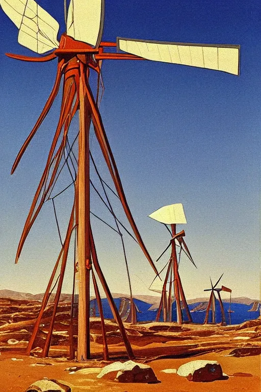 Image similar to painting of the windmills in mykonos painted by Chesley Bonestell