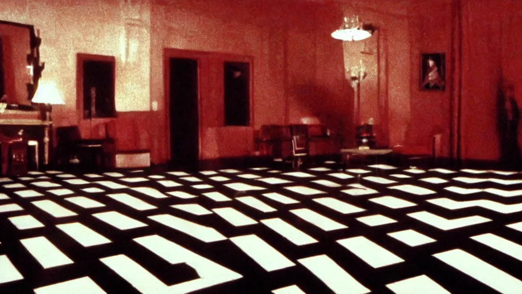 Image similar to cinematography film still of Twin Peaks (1990) the Black Lodge, red curtains, black furniture, white and black chevron floor tile, eerie david lynch cinematography, red room in the black lodge from Twin Peaks, shot on Eastman Kodak 35mm film, red hues, saturated, vintage