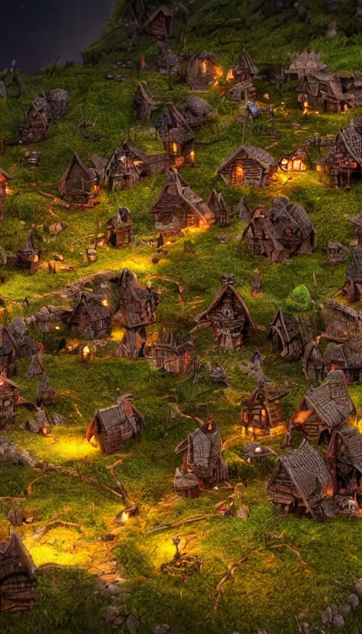 Image similar to a goblin village near a river at night, photorealistic, 8k, high detail, high quality, dramatic lighting, HDR