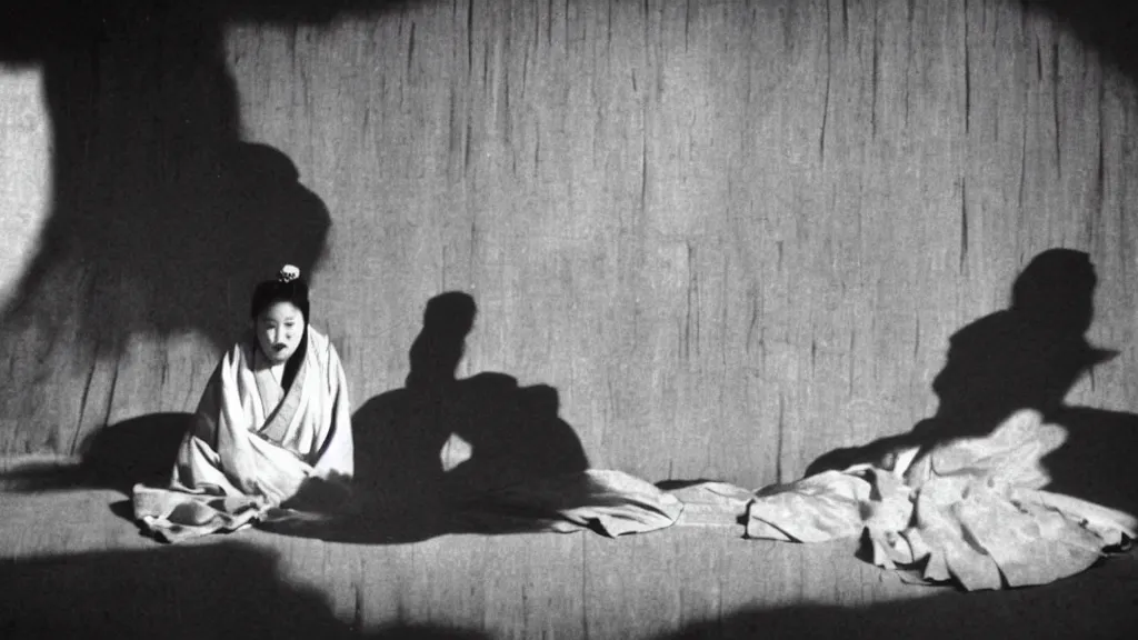 Prompt: shadow of a monstrous starfish is seen behind a woman in hanbok sitting on a couch, traditional korean interior, in. rashomon a kaiju - eiga monster movie by akira kurosawa and ishiro honda