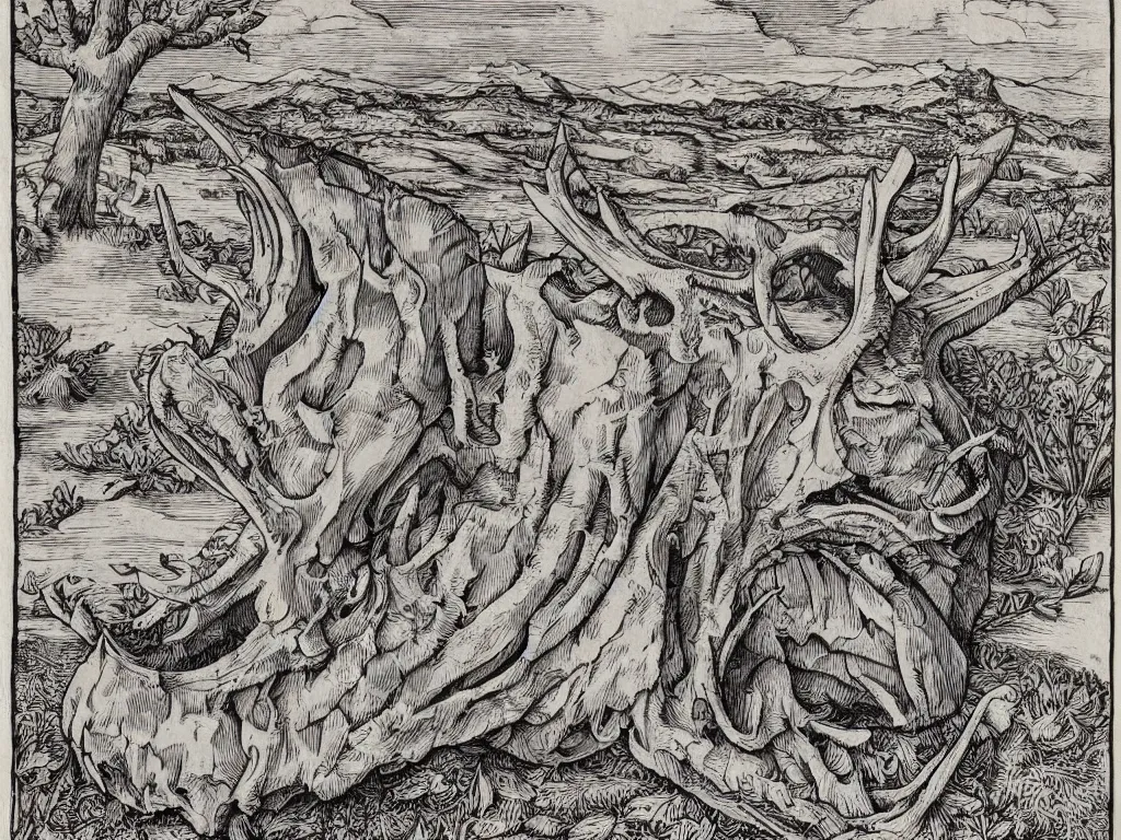 Prompt: Beautiful isometric print of a Giant Deer skull in the Sonora Desert landscape in the style of Albrecht Durer and Martin Schongauer, high contrast!! finely carved woodcut engraving black and white crisp edges