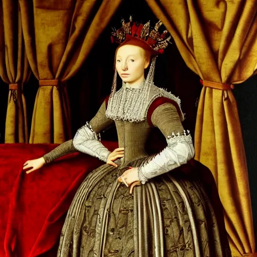 Image similar to a highly detailed portrait of taylor swift, wearing elegant tudor clothes, inside a room with thick red tapestries, oil painting by hans holbein and alessandro allori and richard burbage